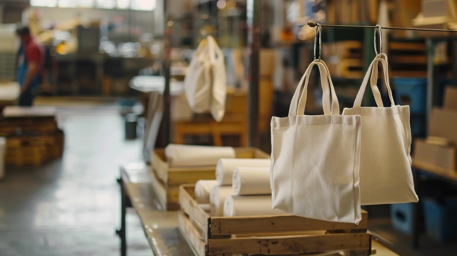 A collection of soft, natural-colored custom-printed cotton tote bags.
