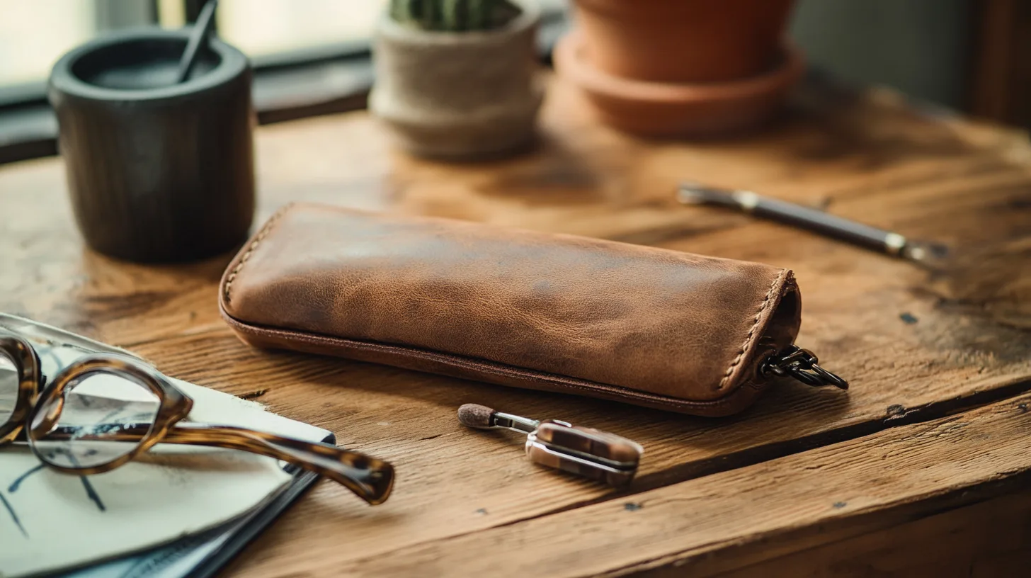 A close-up shot highlighting the fine stitching and soft microfiber interior of a custom leather glasses case.