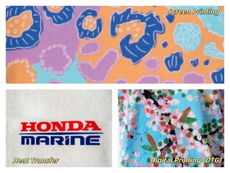 An illustration showing the difference between screen printing, heat transfer, and digital printing on cotton bags.