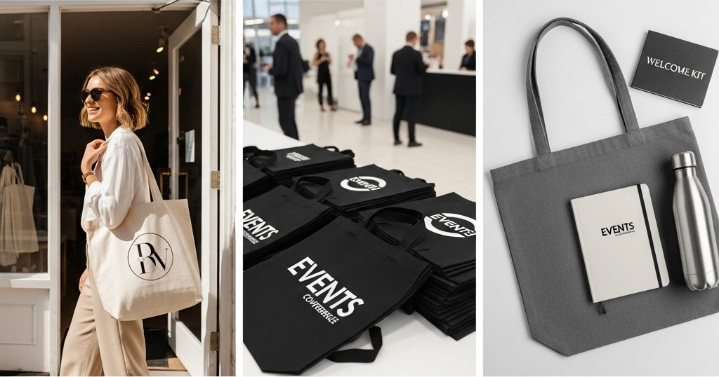 A collection of high-quality, custom-branded canvas tote bags used in different business contexts like retail, events, and corporate gifting.