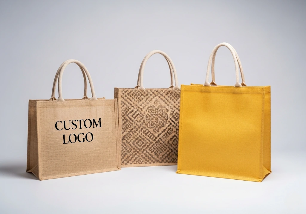 A collection of high-quality, custom-branded jute bags in various styles.