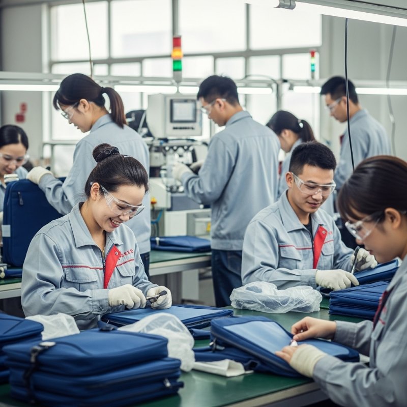 A professional and positive image of workers in a clean, well-lit, and safe factory environment.