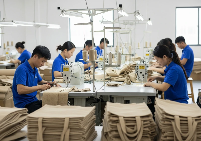 A clean and organized production workshop from our network of jute bag factories.