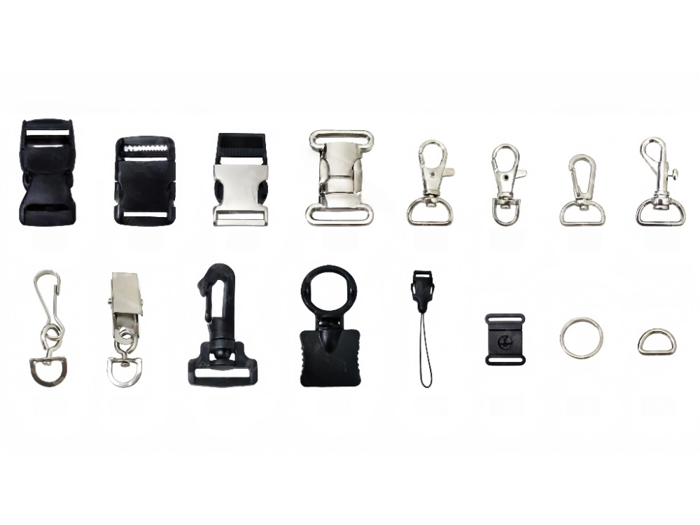 A collection of different lanyard attachments like J-hooks, bulldog clips, and a safety breakaway clip.