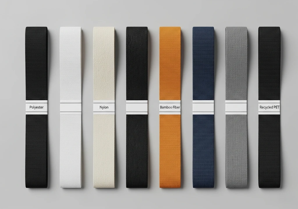 A swatch of different lanyard materials including polyester, nylon, and bamboo fiber.