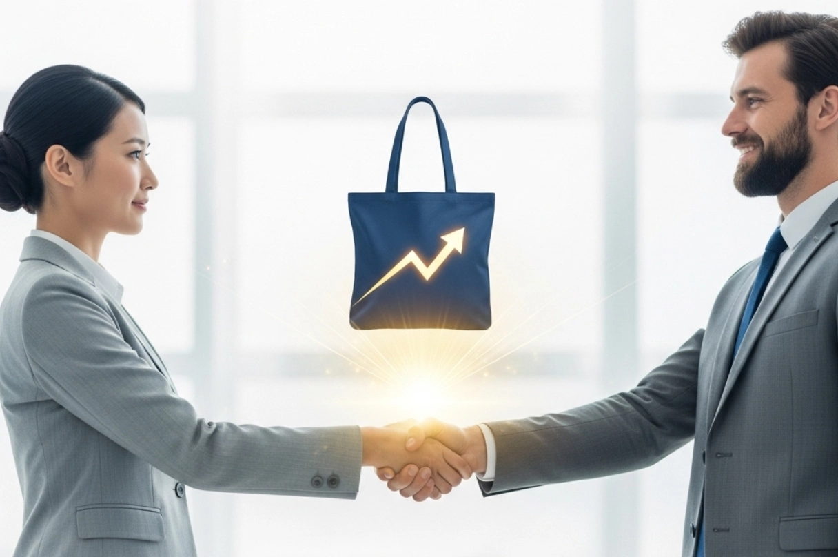 A conceptual image showing a map connecting China and Australia, overlaid with images of high-quality custom tote bags.