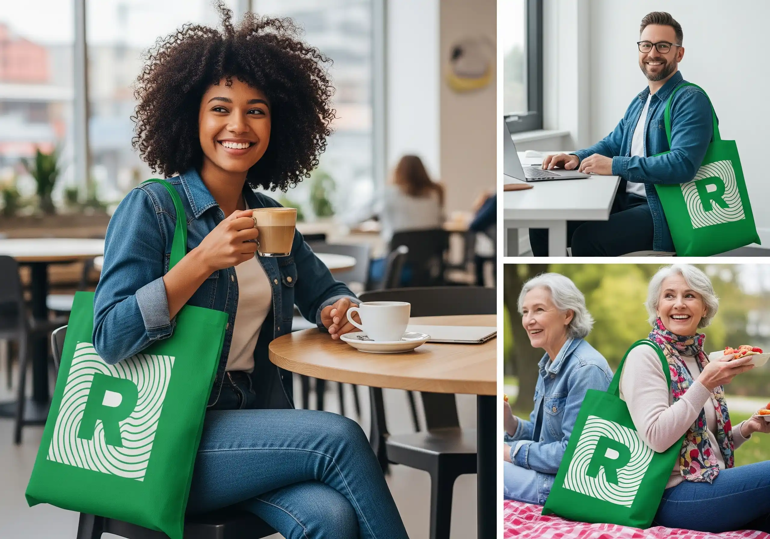 A collage of people in different settings (cafe, office, park) all using ruixinggifts cotton tote bag.