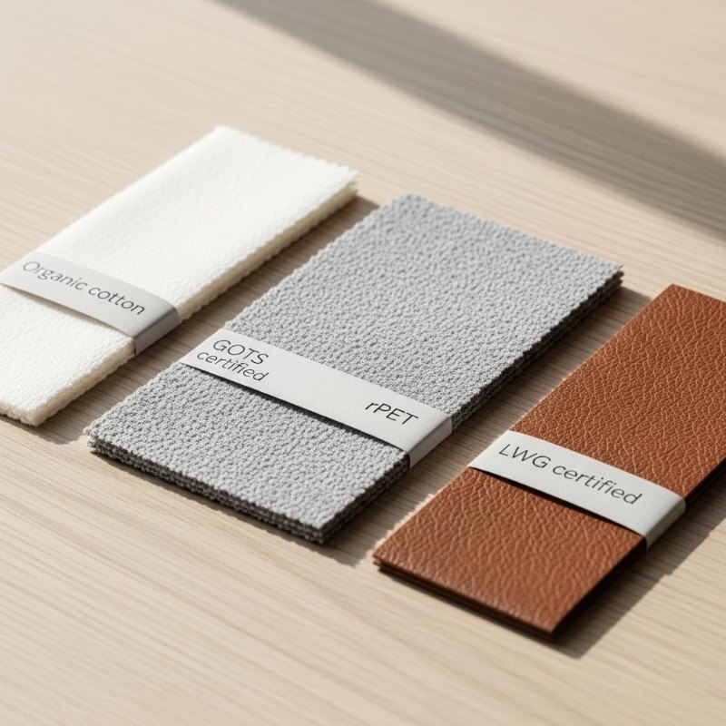 A flat lay of various sustainable materials like GOTS certified organic cotton, recycled PET fabric, and LWG certified leather.