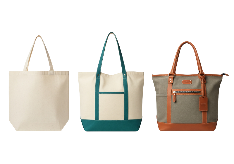 A side-by-side comparison of three cotton tote bags: a simple flat promotional tote, a standard tote with a gusset, and a premium heavy-duty canvas tote with extra features.