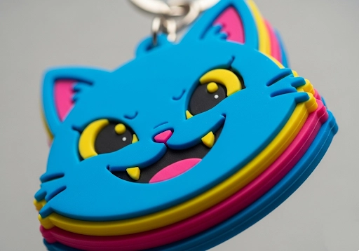 A close-up of a 2D PVC keychain, showing its distinct, layered levels.