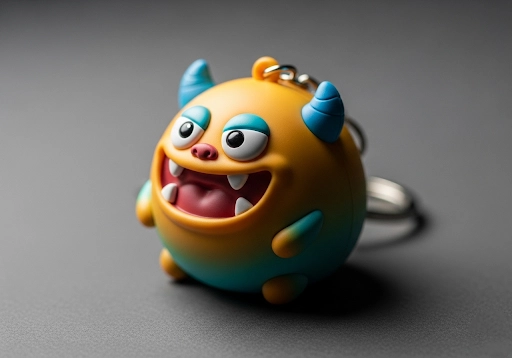 A close-up of a 3D PVC keychain, highlighting its rounded, sculpted, and three-dimensional shape.