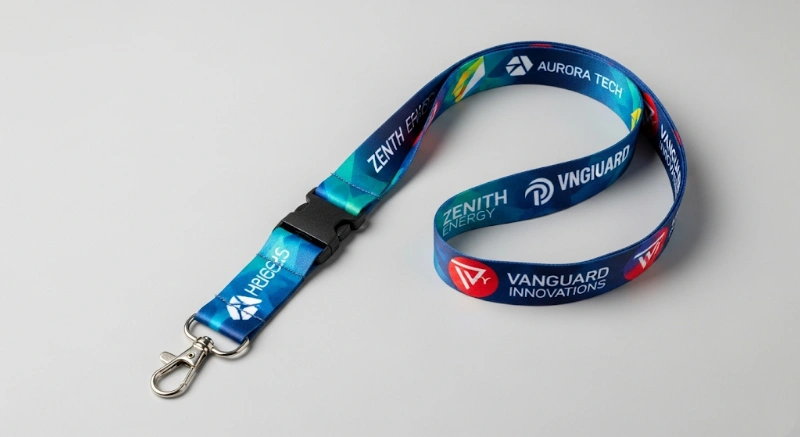 A vibrant, full-color lanyard with sponsor logos, suitable for general attendees.
