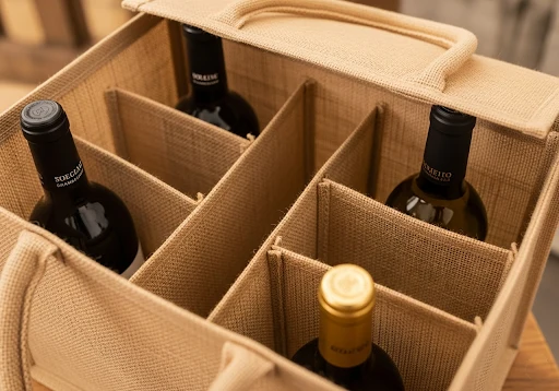 A jute bag with internal dividers for safely carrying wine bottles.