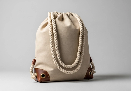 A classic canvas drawstring bag with thick rope straps and reinforced corners.