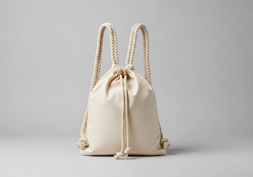 A classic cotton cinch pack with two rope shoulder straps.