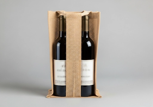 A double bottle jute wine bag with an internal divider.