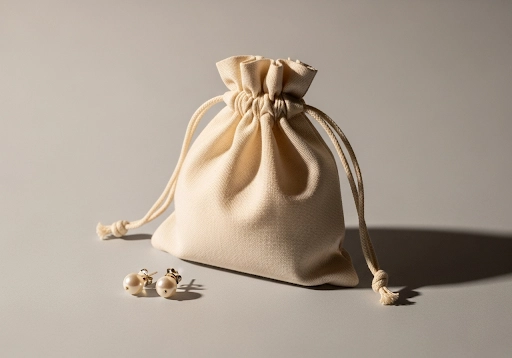A small, elegant cotton pouch with a double drawstring closure.