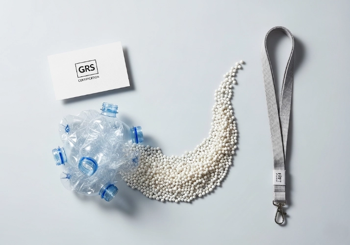 Illustration of plastic bottles being recycled into fabric, representing GRS certification.