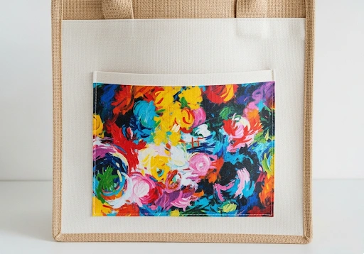 A jute bag featuring a smooth cotton front pocket with a vibrant, full-color digital print.