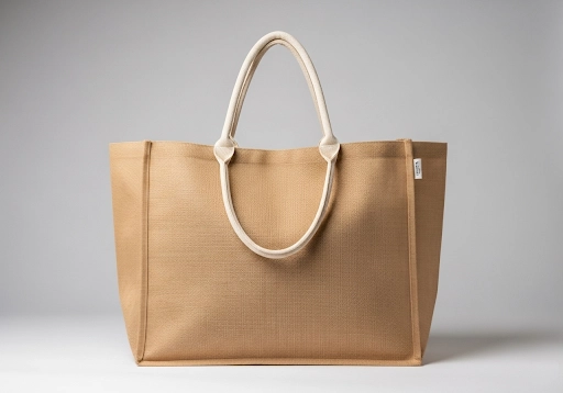 A large jute grocery tote with a full gusset and padded cotton handles.