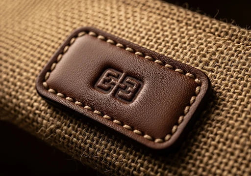 A close-up of a premium leather tag with a debossed logo, stitched onto a jute bag.