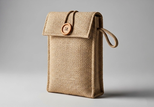 A structured jute pouch with a button and loop closure flap.