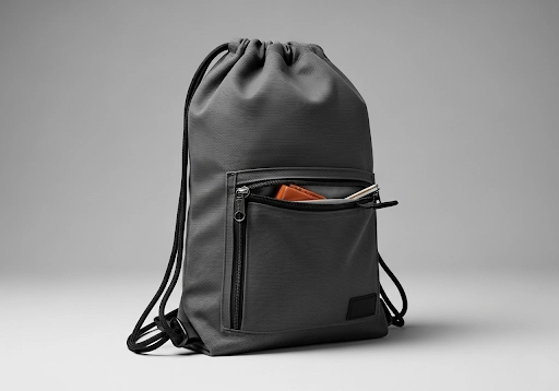 A canvas drawstring bag with a convenient front zipper pocket for valuables.