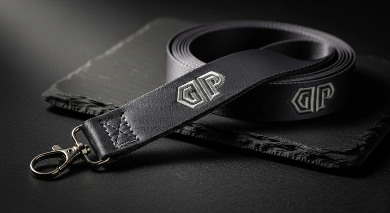 An example of a premium nylon lanyard with an embroidered logo for VIPs.