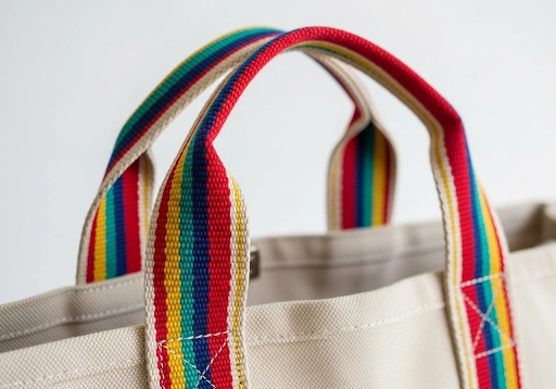 A close-up of a tote bag with sturdy and colorful cotton webbing handles.