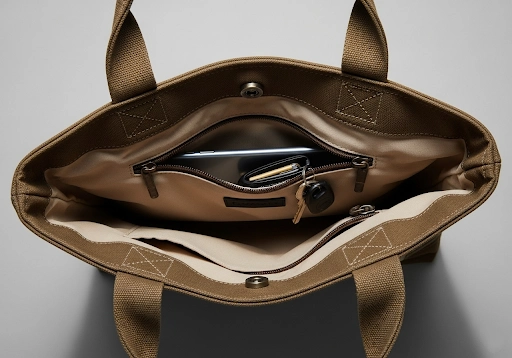 An open tote bag showing an internal zippered pocket for valuables.
