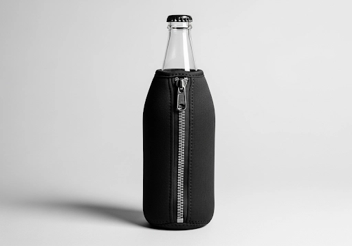 A neoprene bottle cooler with a zipper for a snug fit.
