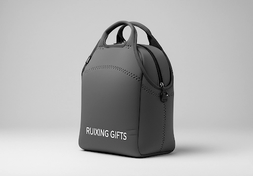 A structured, boxy neoprene lunch bag with a large capacity.