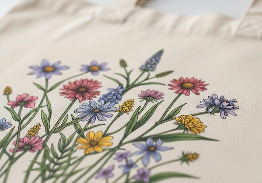 A canvas bag with an intricate, multi-color illustration printed using DTG technology.