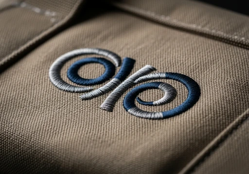 A close-up of a sophisticated embroidered logo on a heavy-duty canvas bag.