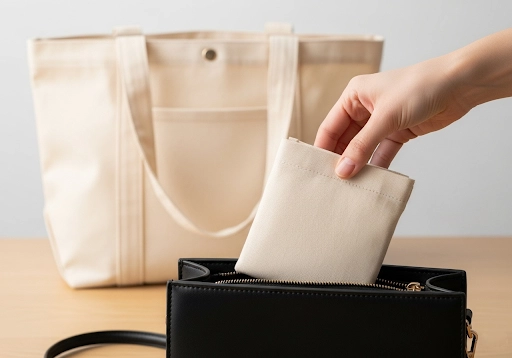 A cotton tote bag that folds into a small attached pocket.