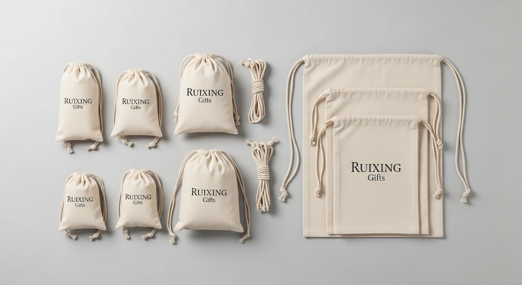 A collection of premium, custom-branded canvas drawstring bags.