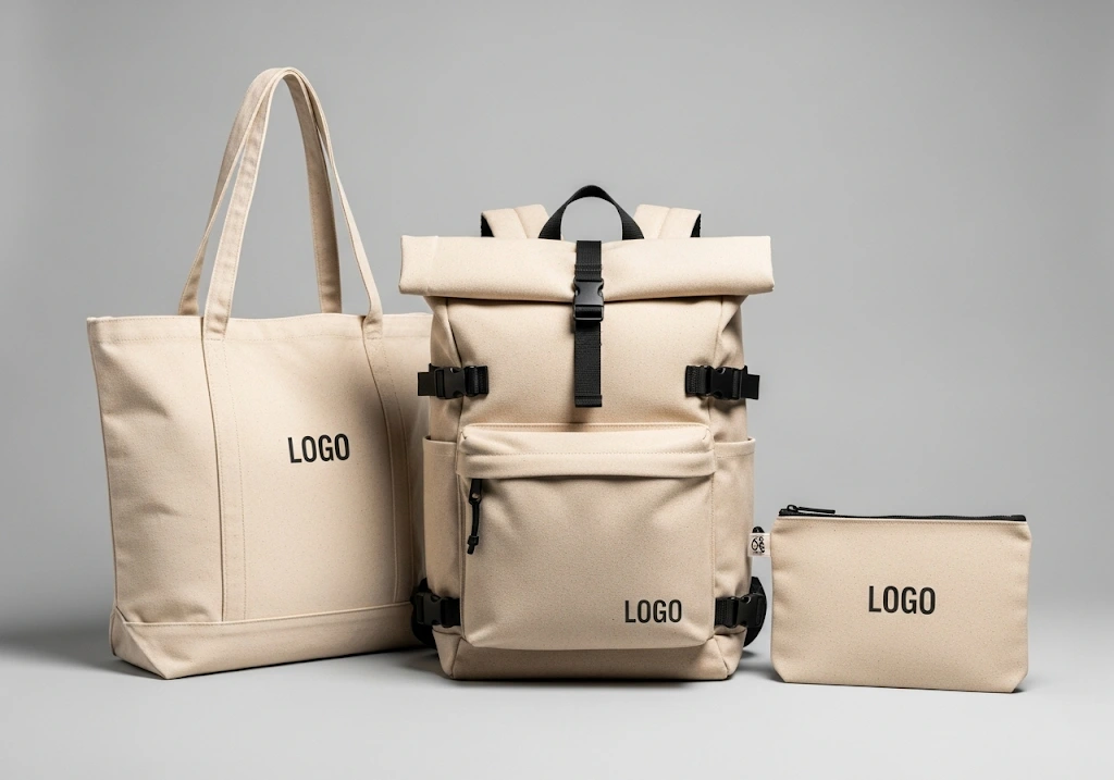 A collection of custom canvas tote bags.