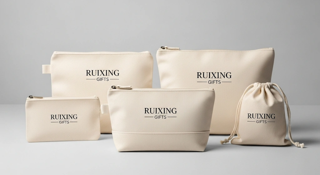 A collection of stylish, custom-branded canvas pouches in various sizes.