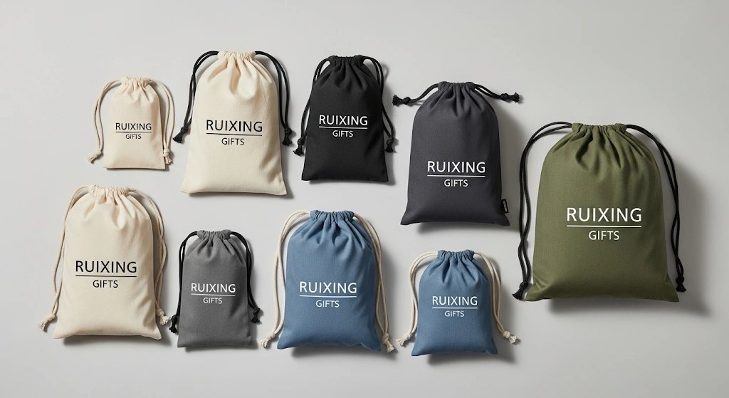 A collection of soft and stylish custom-branded cotton drawstring bags.