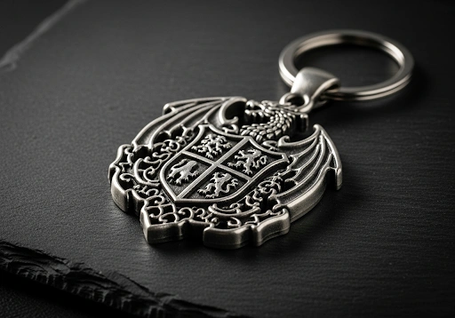 A custom 3D die-cast keychain with intricate shapes and cutouts.