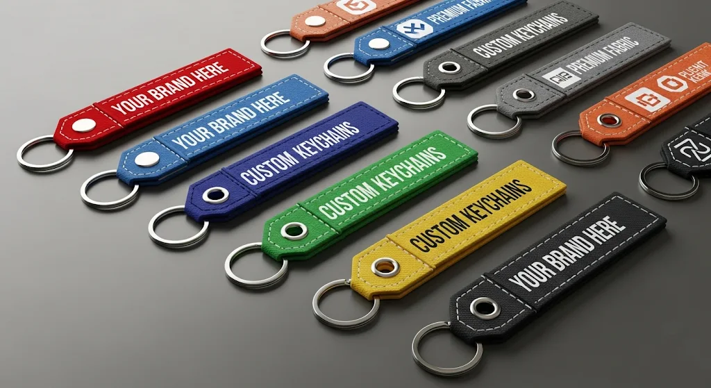 A collection of colorful and stylish custom fabric keychains, also known as flight tags.