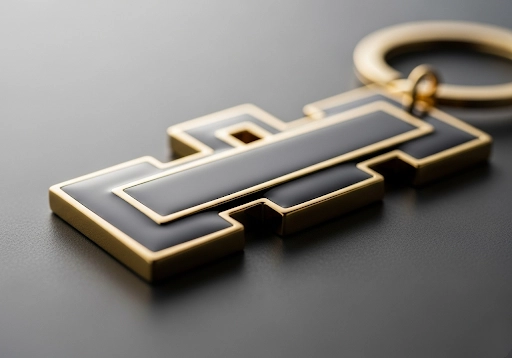 A close-up of a hard enamel keychain, showing its smooth, polished, jewelry-like surface.