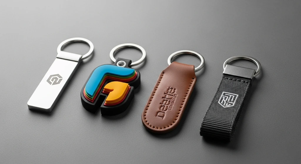 A collection of stylish, custom-branded keychains in metal, PVC, and leather.