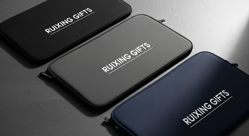 A collection of professional, custom-branded neoprene laptop sleeves.