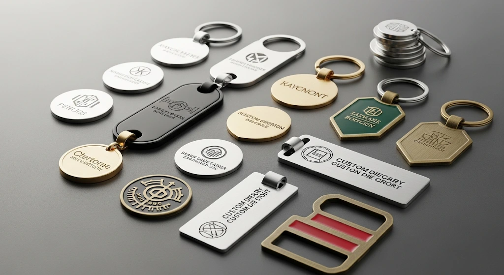 A collection of elegant and premium custom metal keychains with various finishes.