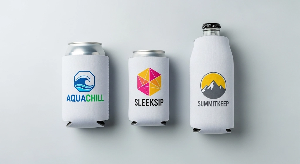 A collection of vibrant, custom-branded neoprene can coolers for different can and bottle sizes.