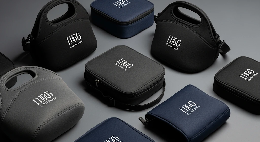 A collection of stylish and functional custom-branded neoprene lunch bags.