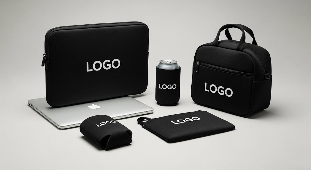 A collection of various custom-branded neoprene products, including a laptop sleeve, a can cooler, and a lunch bag.