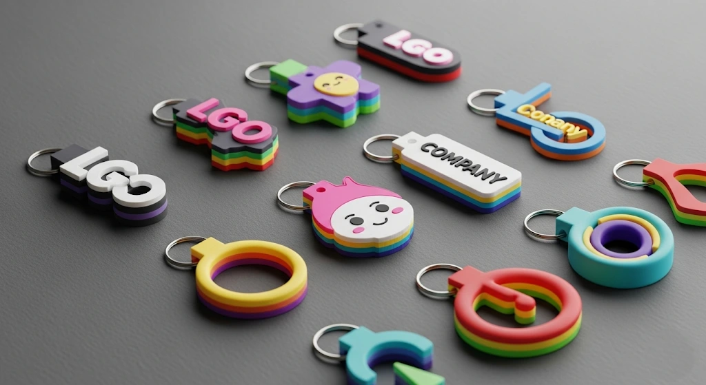 A collection of colorful and creative custom PVC keychains in both 2D and 3D styles.
