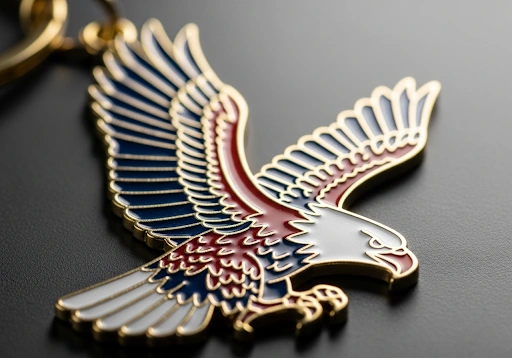 A close-up of a soft enamel keychain, highlighting its textured, dimensional feel.